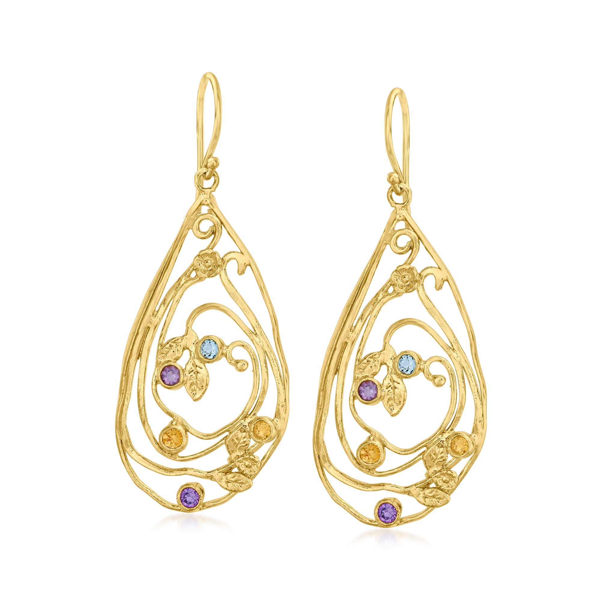 Ross-Simons Multi-Gemstone Leaf Drop Earrings in 18kt Gold Over Sterling