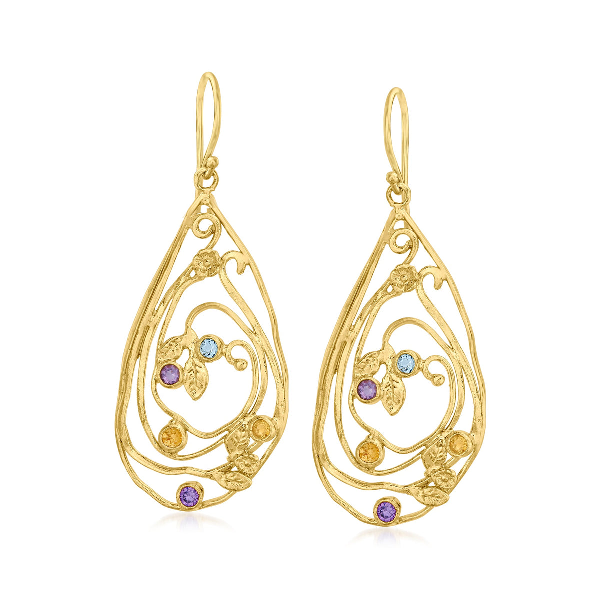 Ross-Simons Multi-Gemstone Leaf Drop Earrings in 18kt Gold Over Sterling